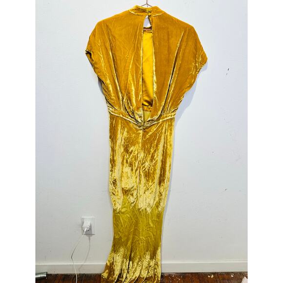 SALONI Gold Velvet High Neck Cinched Waist Cap Sleeves Fabienne Gown size US 8 - Picture 3 of 16